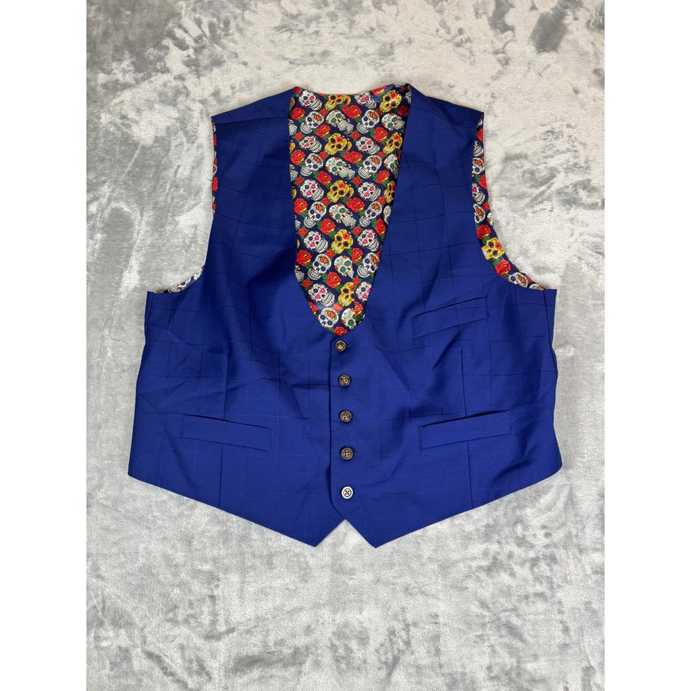 Indochino Vest Mens 44 Blue Wool Sugar Skull Lining Windowpane Suit Waistcoat